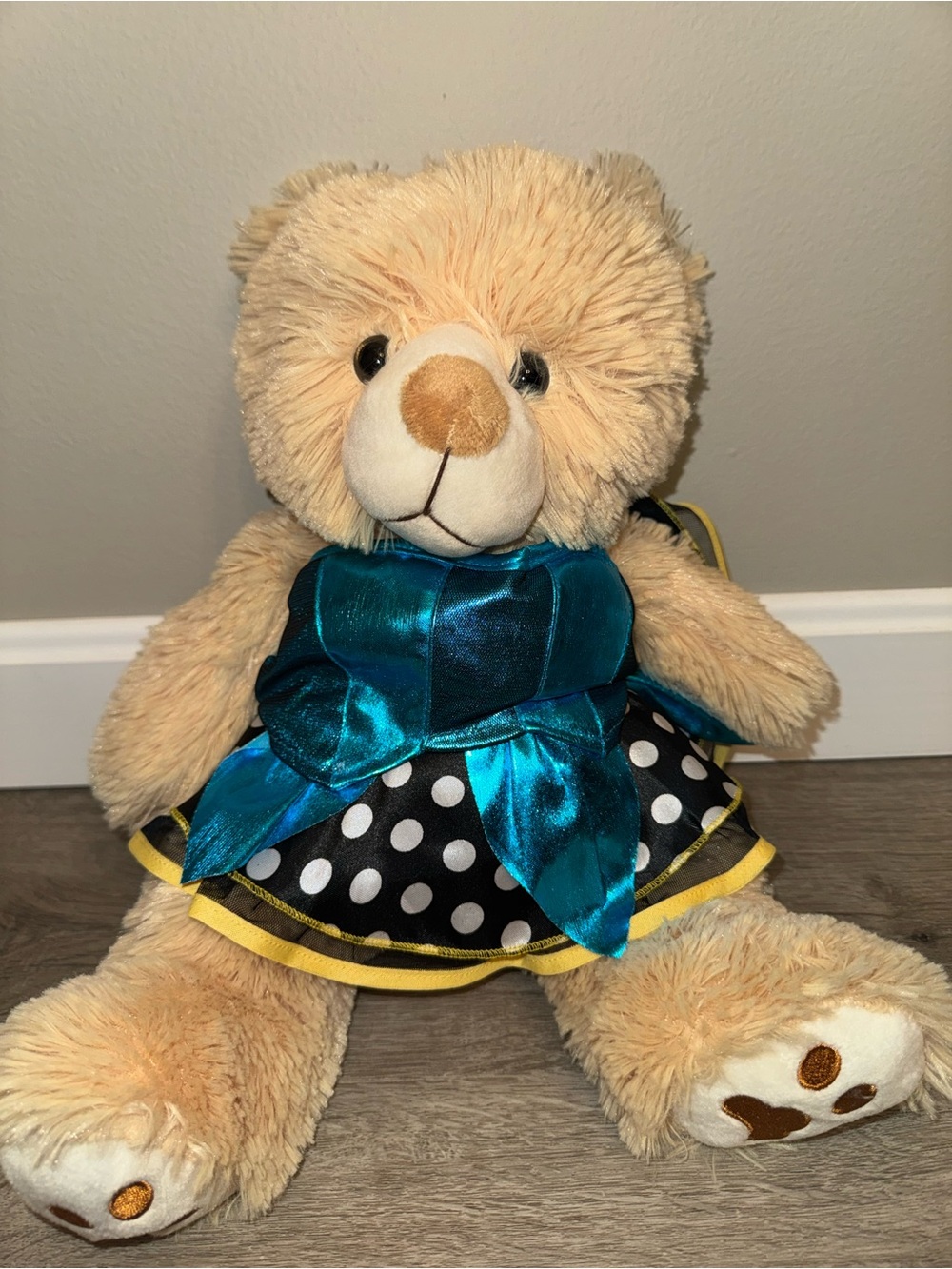 Plush Beige Teddy Bear with Aqua Blue Top and Polka Dot Skirt - Kids Toys